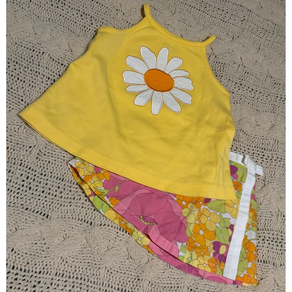 VTG Gymboree Girls Yellow Daisy Tank Top and Retro Floral Skort Set 18-24 Months